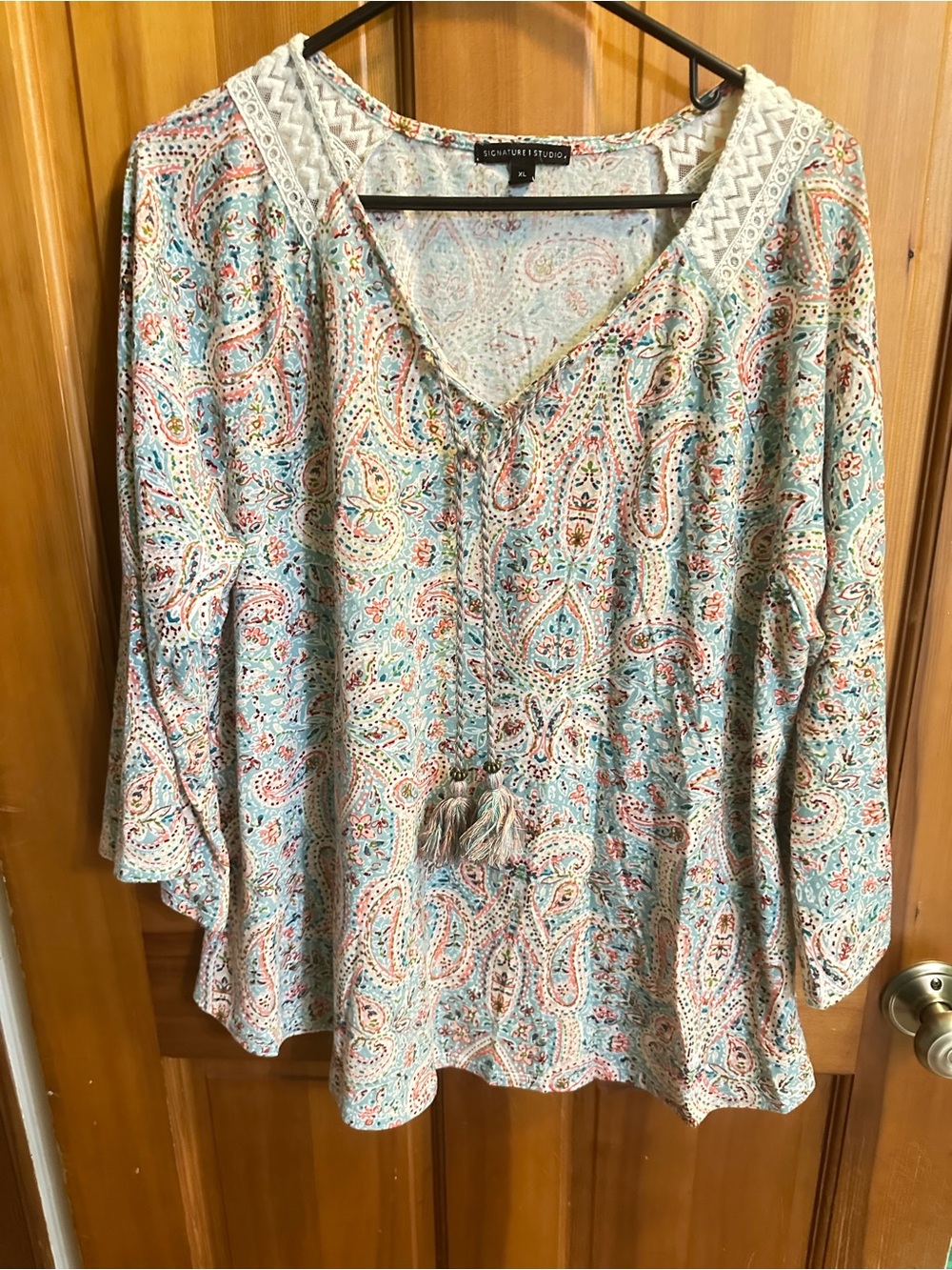 Signature Studio Paisley Tassel V-Neck Tunic in Aqua Multi